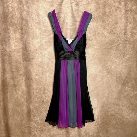 Vintage 90s La Belle Sleeveless Empire Waist Mini Dress Purple Gray Black Tie - Picture 1 of 7